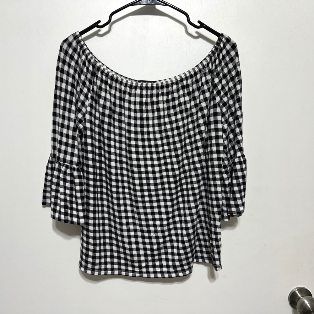 Womens Gingham Off Shoulder Top Size S Black White Plaid‎ Bell Sleeve